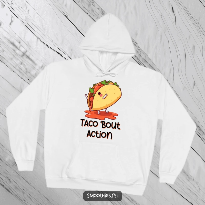 Funny taco character doing a cartwheel with salsa splashing, a warm and humorous hoodie for taco enthusiasts.