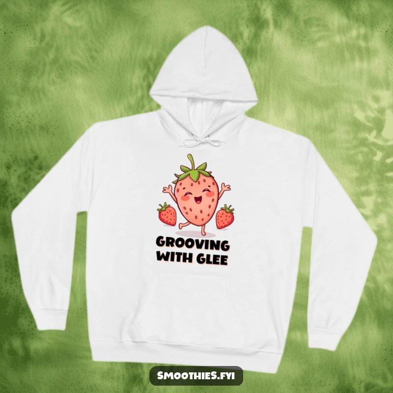 Funny hoodie with a cheerful strawberry character caught mid-silly dance, radiating pure joy and fun.