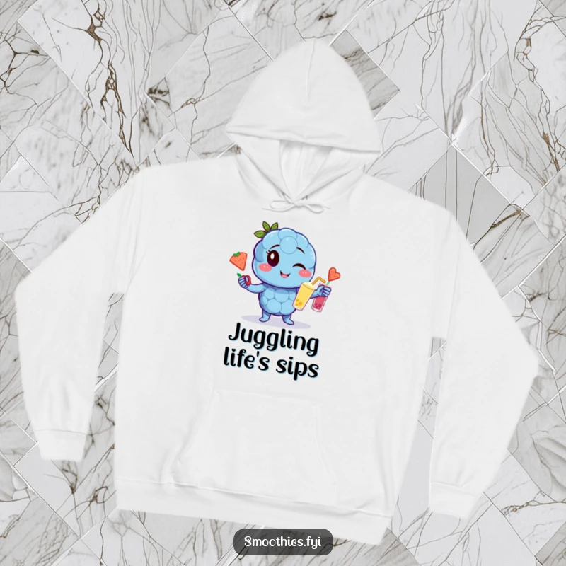 Funny winking blueberry character hoodie juggling smoothies, cozy and humorous fruit clothing.