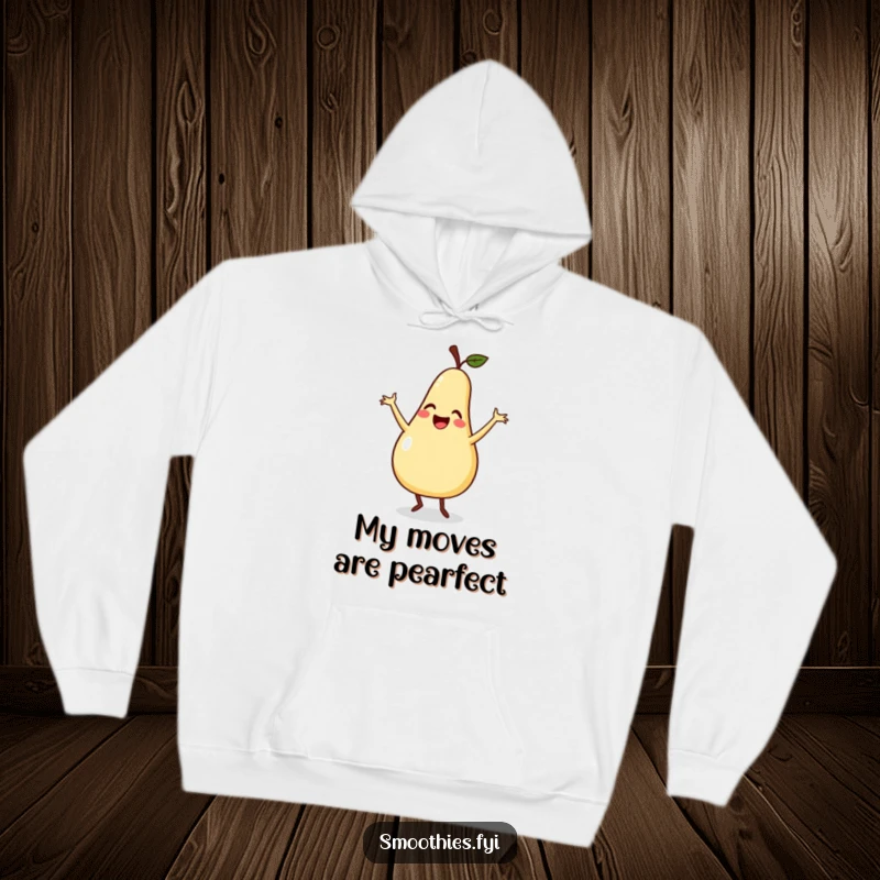 Funny hoodie featuring a smiling pear doing a silly dance with flailing arms, offering cozy comfort and playful charm.