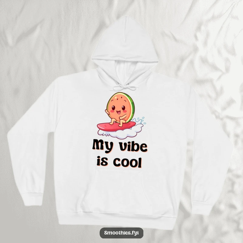 Funny hoodie featuring a cheerful watermelon slice surfing on a jelly wave, offering cozy comfort and a dose of summer humor.