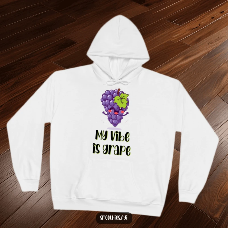 Funny hoodie featuring a joyful grape cluster doing a happy bounce with motion swirls, offering cozy comfort and playful charm.
