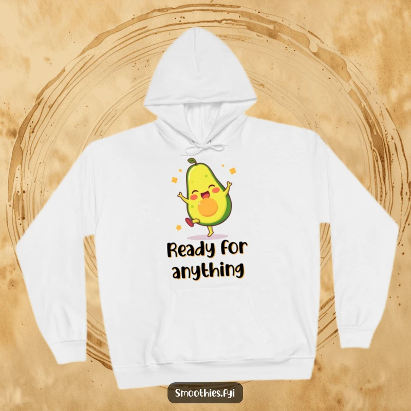 Funny hoodie with a cheerful avocado character demonstrating a powerful high kick, radiating fun and energy.
