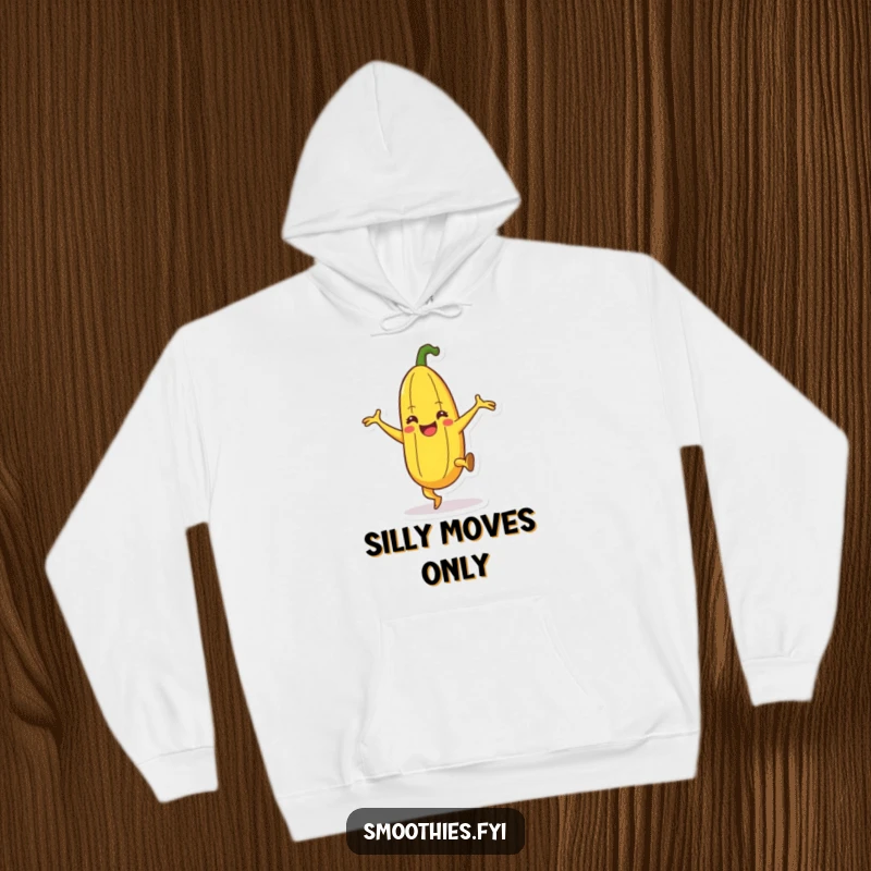 Funny happy banana character hoodie dancing with leg kicks, cozy and humorous fruit clothing.