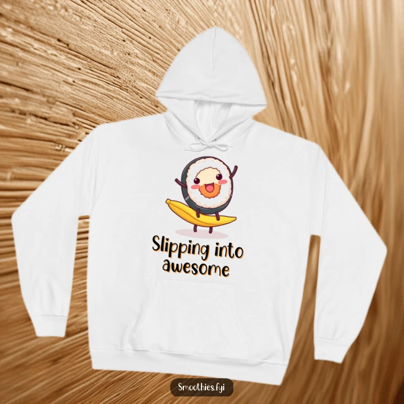 Funny Hoodie: A cheerful sushi roll executes a cartwheel on a banana peel, designed for comfort and laughs.