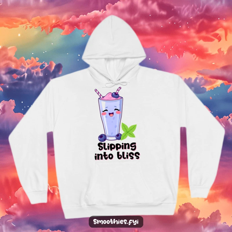 Funny blueberry smoothie sliding down a straw on a cozy hoodie, showcasing a cheerful and amusing character. Ideal funny gift.