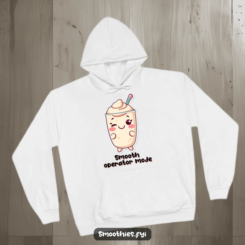 Funny Kawaii smoothie hoodie, character sharing a cheerful, playful wink, cozy and humorous apparel.