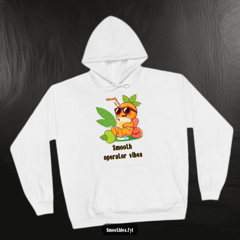 Funny orange character wearing sunglasses lounging in a smoothie, depicted on a warm hoodie for ultimate comfort and humor.