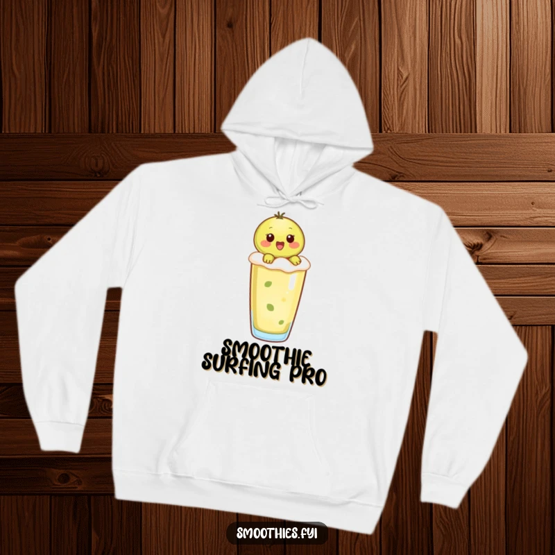 Funny kiwi character perched atop a refreshing smoothie, featured on a comfortable, hooded sweatshirt.