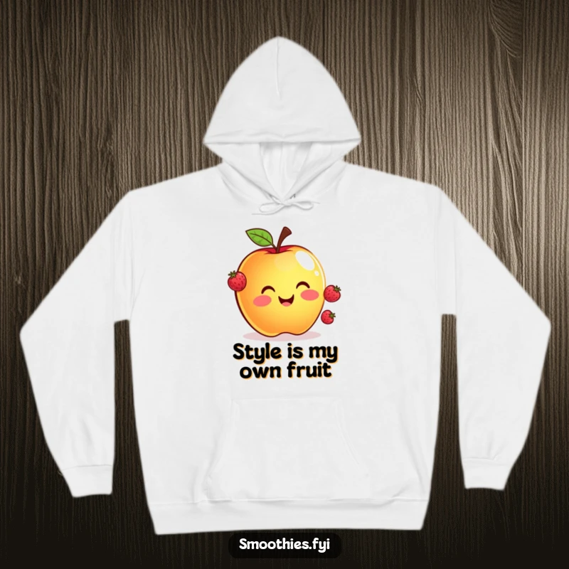 Funny hoodie depicting a happy apple skillfully juggling three small floating berries, perfect for casual, humorous wear.