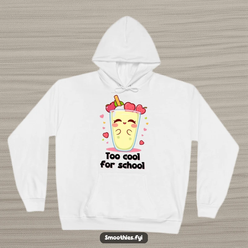 Funny Kawaii smoothie hoodie, character enjoying a fruity delight spin, cozy and humorous apparel for relaxation.