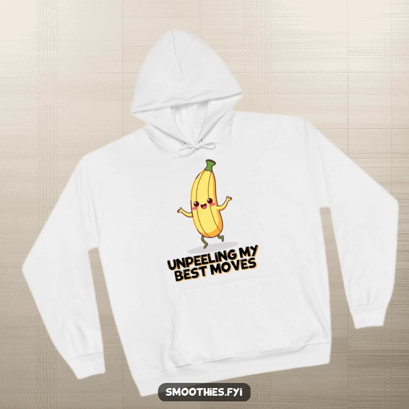 Funny Kawaii Banana Peel Hoodie showing a cute character performing a silly, wobbly dance. Comfy and humorous apparel.