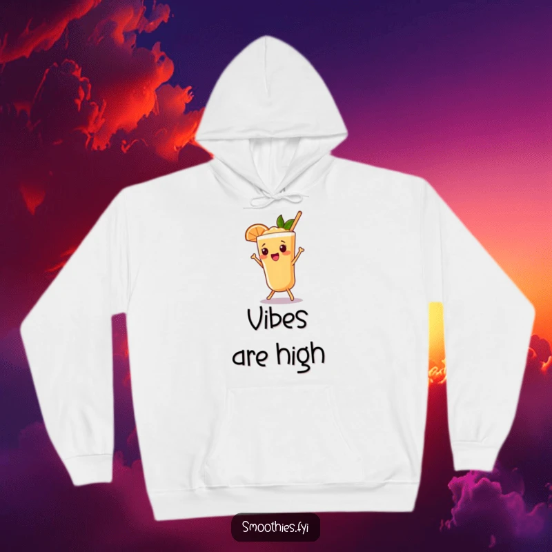 Funny grapefruit smoothie hoodie featuring a beaming character in a happy shimmy, offering warmth and humor.