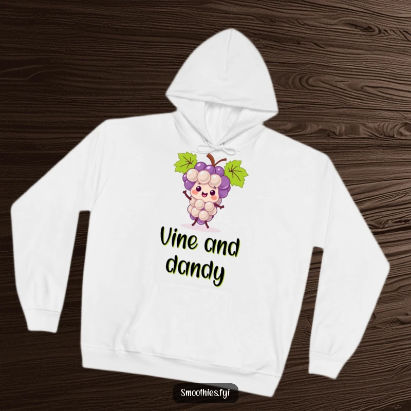 Funny kawaii grape bunch hoodie, happily dancing and spreading good vibes, a warm and humorous apparel choice.
