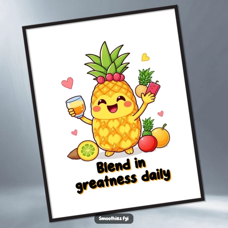 Funny Free Printable Wall Art: Jolly pineapple enthusiastically blending colorful fruits, smiling, adding a tropical touch.