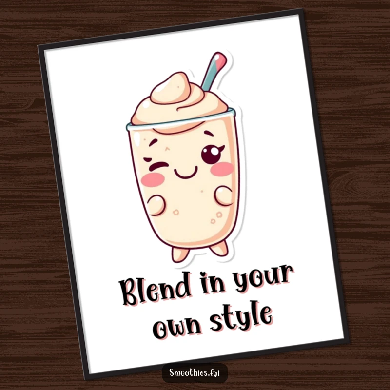 Funny Free Printable Wall Art: A cheerful Kawaii smoothie character delivers a playful wink, adding personality.