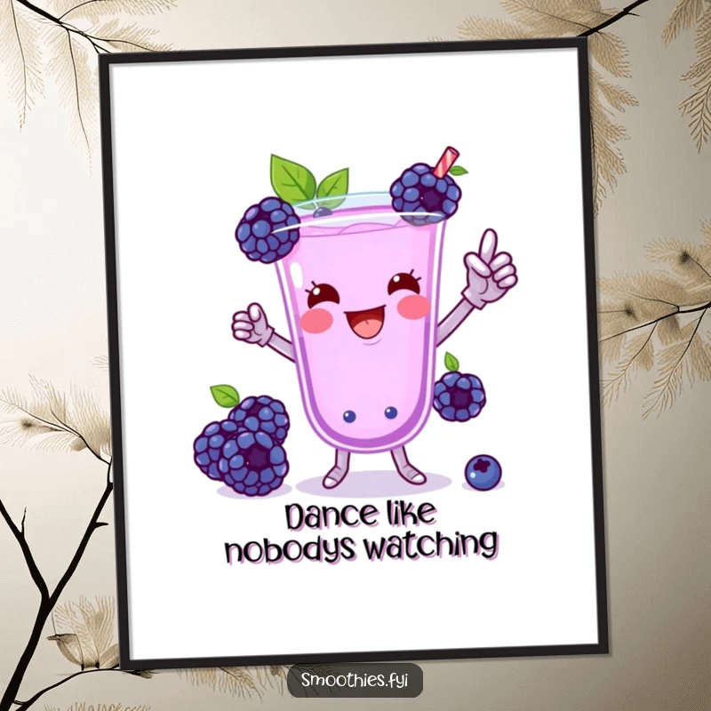 Funny Free Printable Blueberry Smoothie Wall Art: A playful smoothie doing a silly, energetic victory dance, perfect for decor.