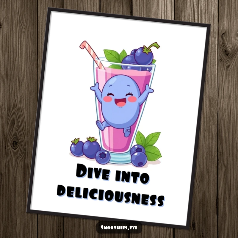 Funny Free Printable Wall Art: Plump blueberry leaping with delight into a giant smoothie glass, adding fun.