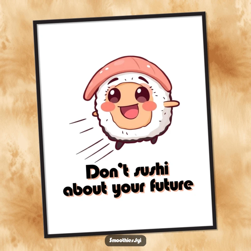 Funny Free Printable Wall Art: A smiling sushi slice zooms with speed lines, adding energetic and humorous flair to decor.