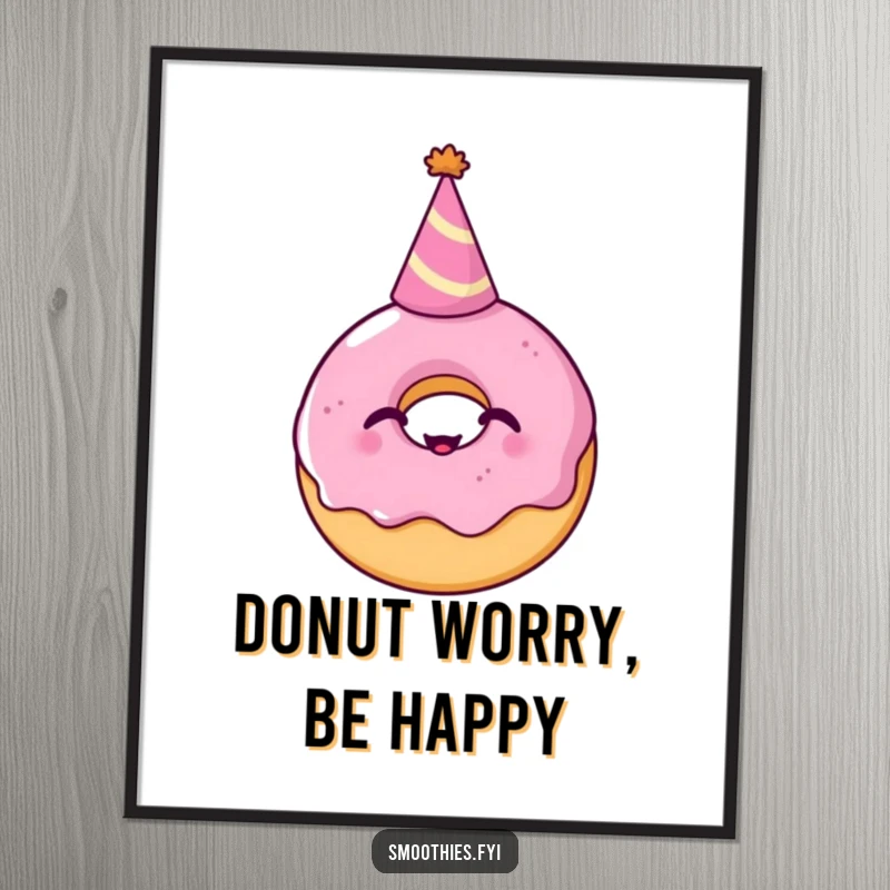 Funny Free Printable Wall Art: Giggling donut wearing a tiny party hat, bringing sweet, humorous vibes.