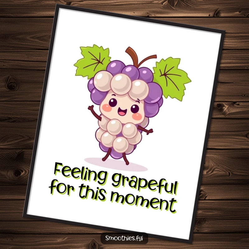 Funny free printable wall art of a kawaii grape bunch enthusiastically doing a silly jig, bringing smiles to any room.
