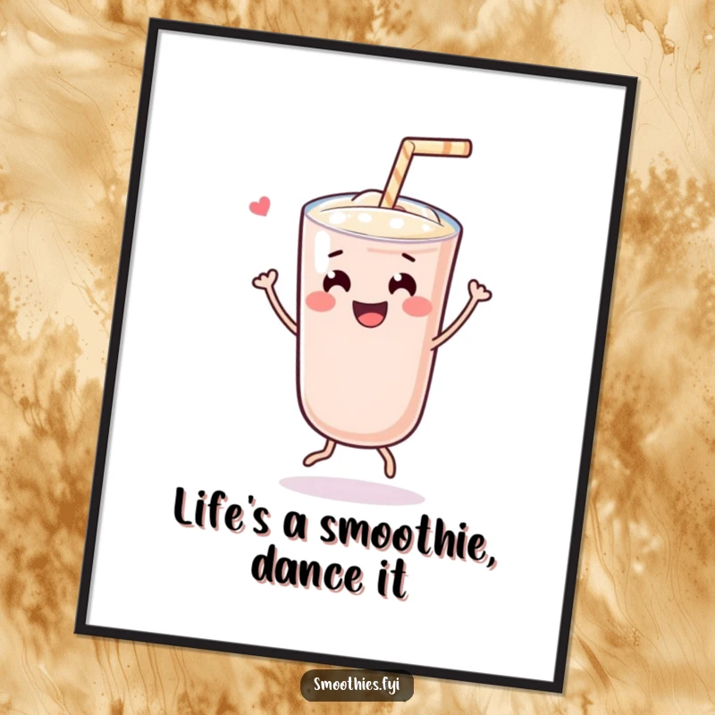 Funny Free Printable Wall Art: Cheerful Kawaii smoothie character doing a joyful dance with a straw, spreading happiness.