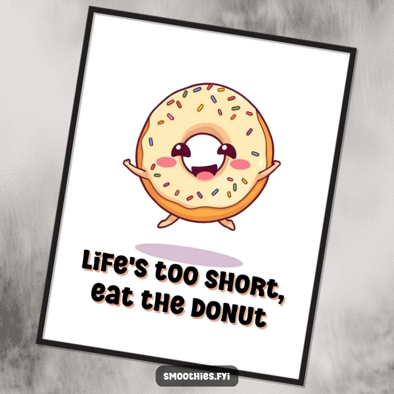 Funny Free Printable Wall Art of a giggling donut with sprinkles doing a playful jump, full of cheer.