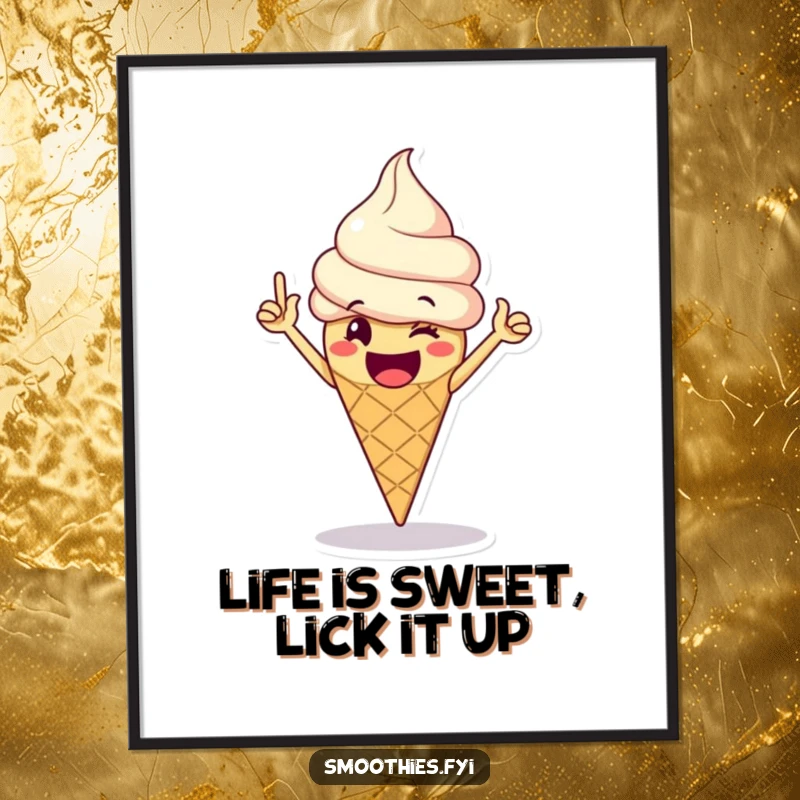 Funny Free Printable Wall Art: Happy ice cream cone doing a lively victory dance, a cheerful and amusing piece, downloadable art.