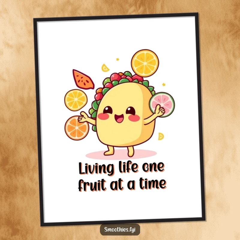 Funny Free Printable Wall Art: Smiling taco juggling colorful fruit slices, a vibrant and amusing piece, downloadable art.