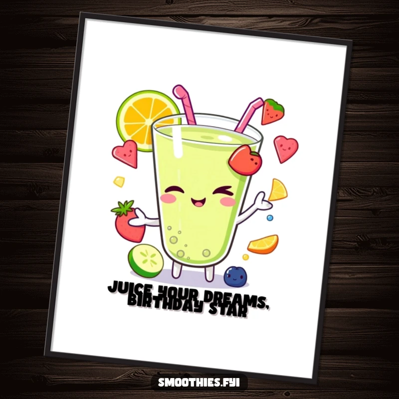 Funny Free Printable Wall Art: Kawaii smoothie character winking while juggling colorful fruit pieces, showing off skills.
