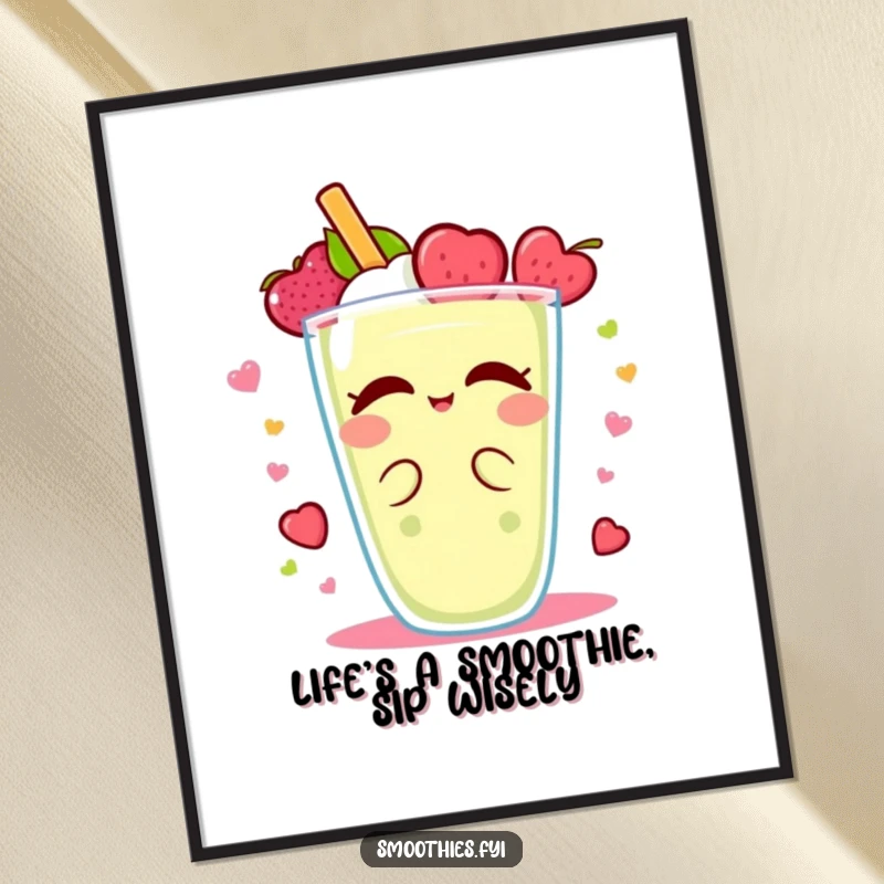 Funny Free Printable Wall Art: A cute Kawaii smoothie character enjoys a delightful spin, radiating pure joy.