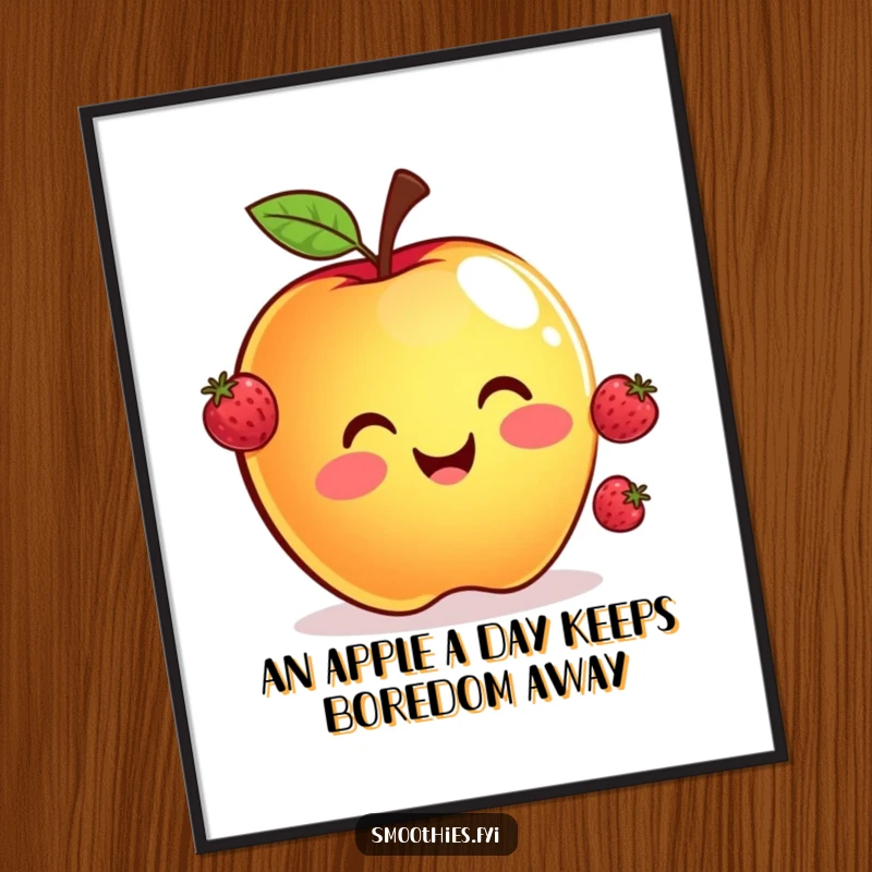 Funny Free Printable Wall Art: A smiling apple artistically juggling three tiny floating berries, adding humor to your decor.