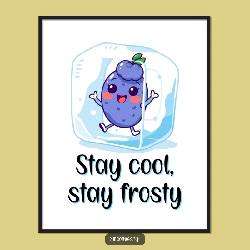 Free Printable Wall Art: Kawaii Blueberry in Ice Cube Funny Downloadable Art