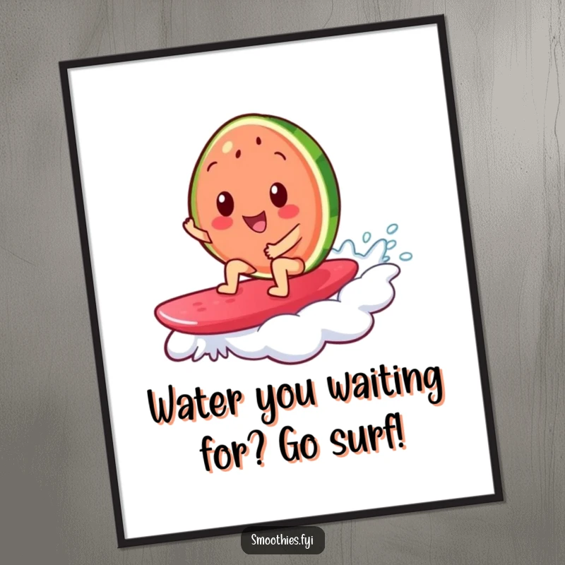 Funny Free Printable Wall Art: a cheerful watermelon slice surfs a jelly wave on a tiny surfboard, bringing humor to decor.