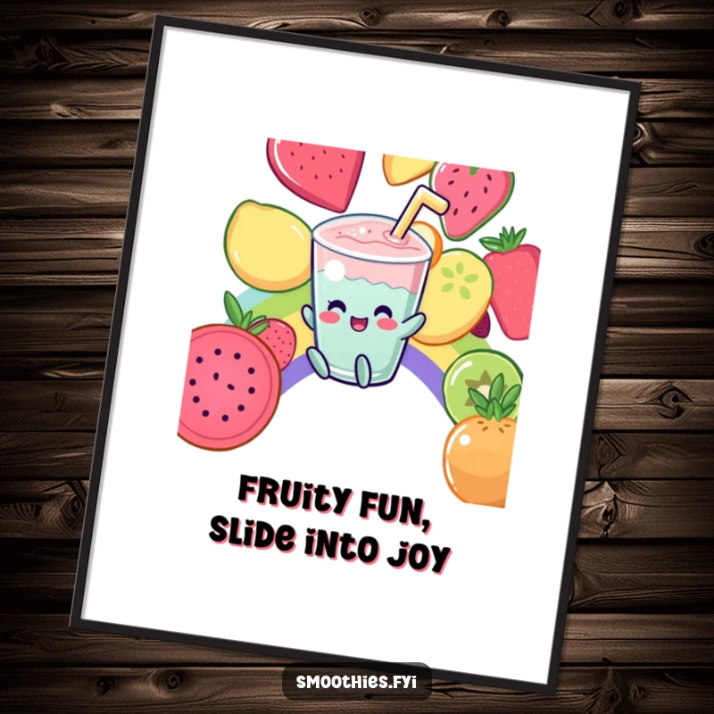 Funny Free Printable Wall Art: A giggling Kawaii smoothie character joyfully slides down a vibrant rainbow made of assorted fruits.