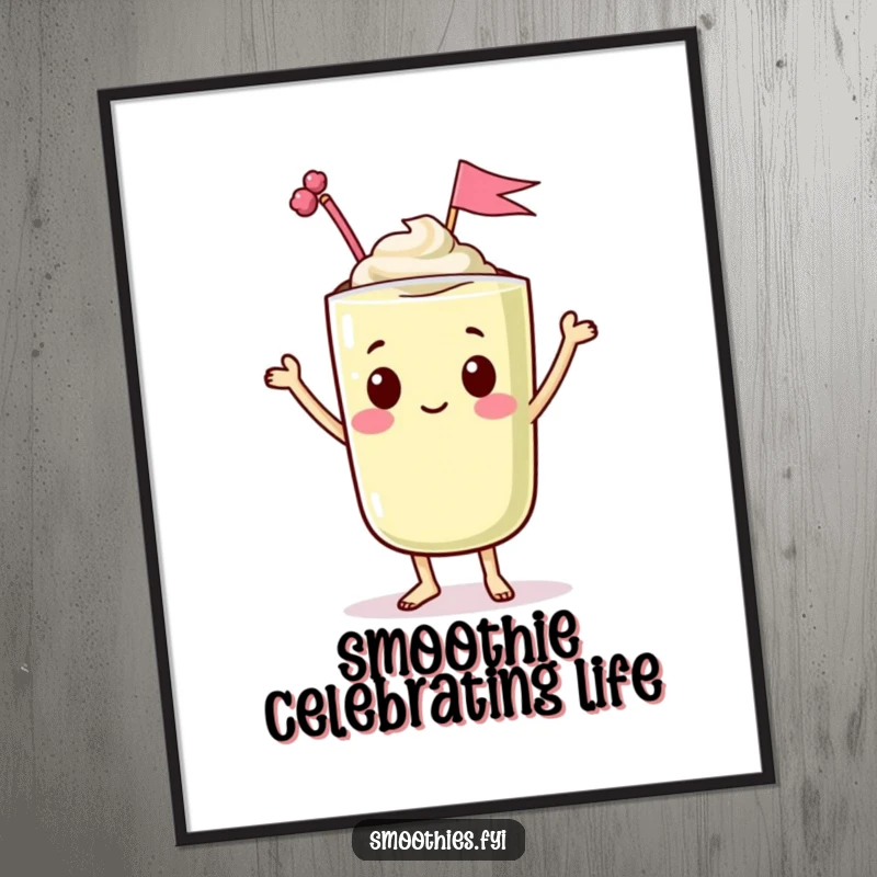 Funny Free Printable Wall Art: Dancing Kawaii smoothie character waving a tiny flag from the top, a fun piece of downloadable art.
