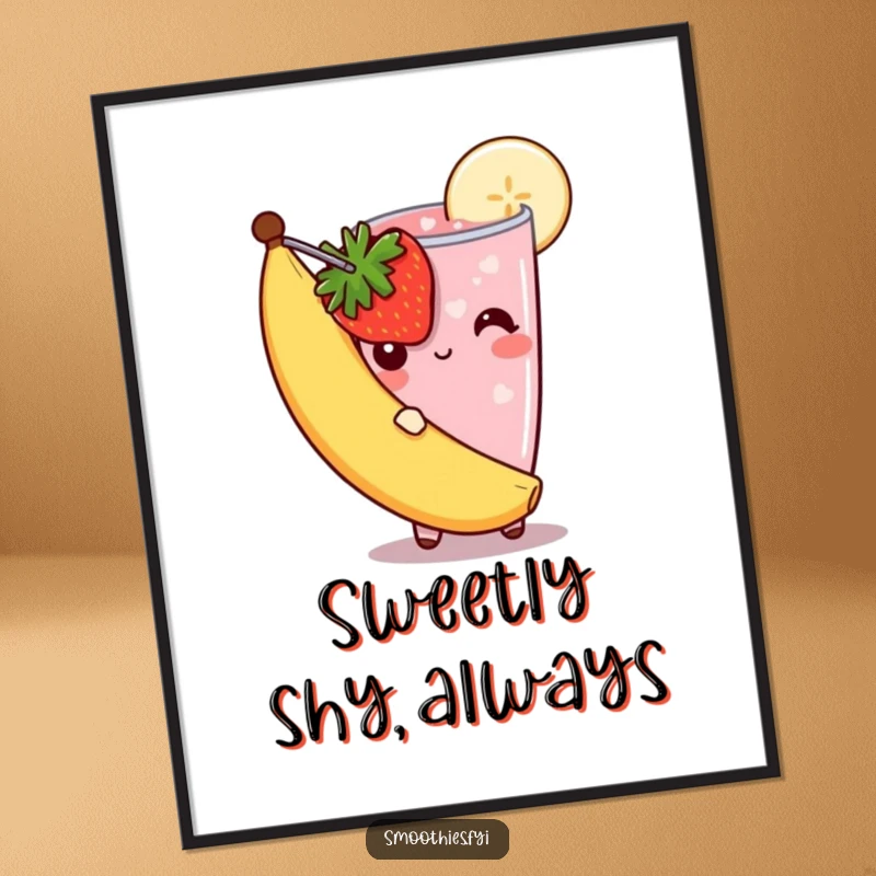 Funny Free Printable Wall Art: A shy strawberry smoothie peeks from behind a banana slice, showcasing bashful sweetness.