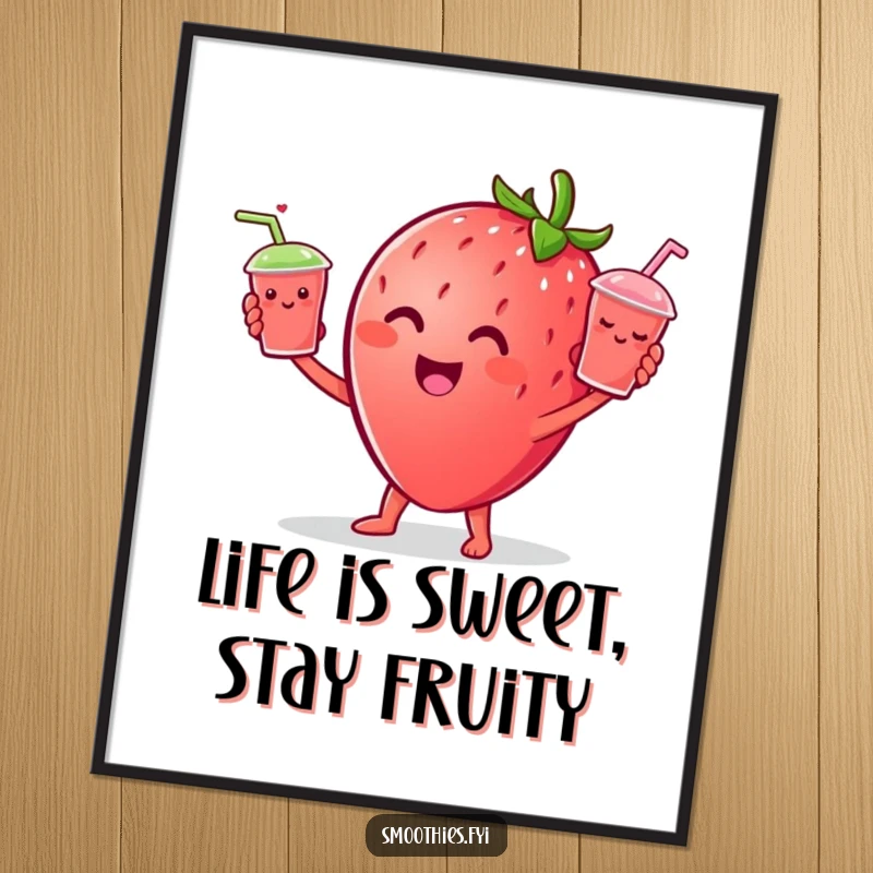 Funny Free Printable Wall Art: Cheerful strawberry character juggling three tiny smiling smoothie cups, a whimsical and humorous downloadable art.