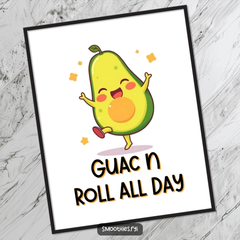 Funny Free Printable Wall Art: Gleeful avocado performing a dynamic high kick, bringing vibrant, humorous energy