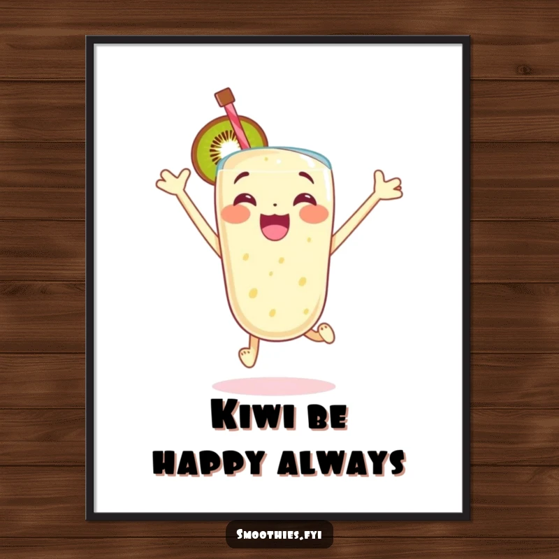 Funny Free Printable Wall Art: An excited kiwi smoothie character jumps high with pure glee and energy.