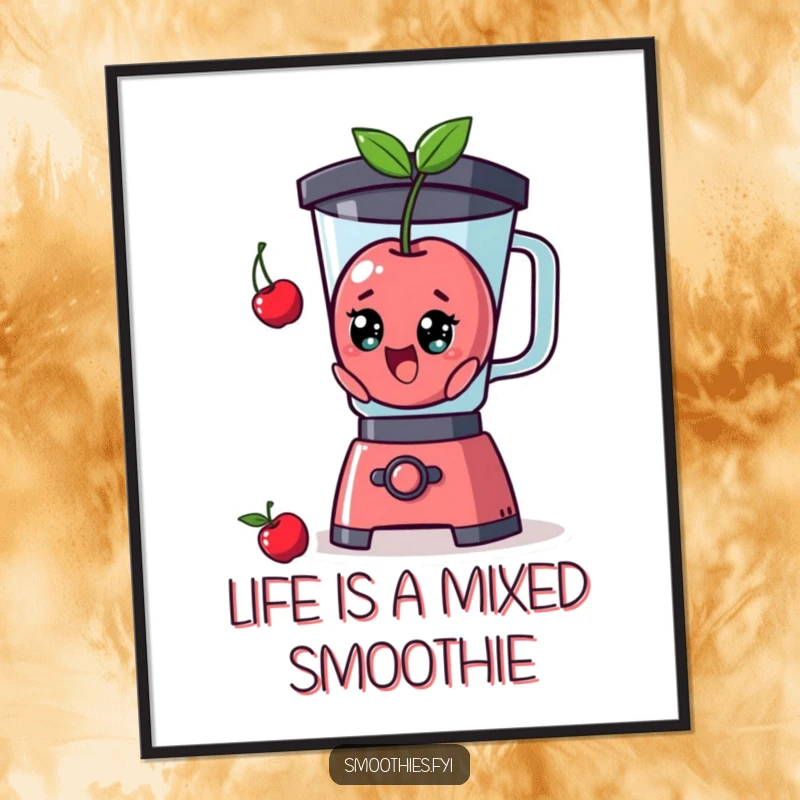 Funny Free Printable Wall Art depicting a shocked cherry character comically emerging from a kitchen blender.