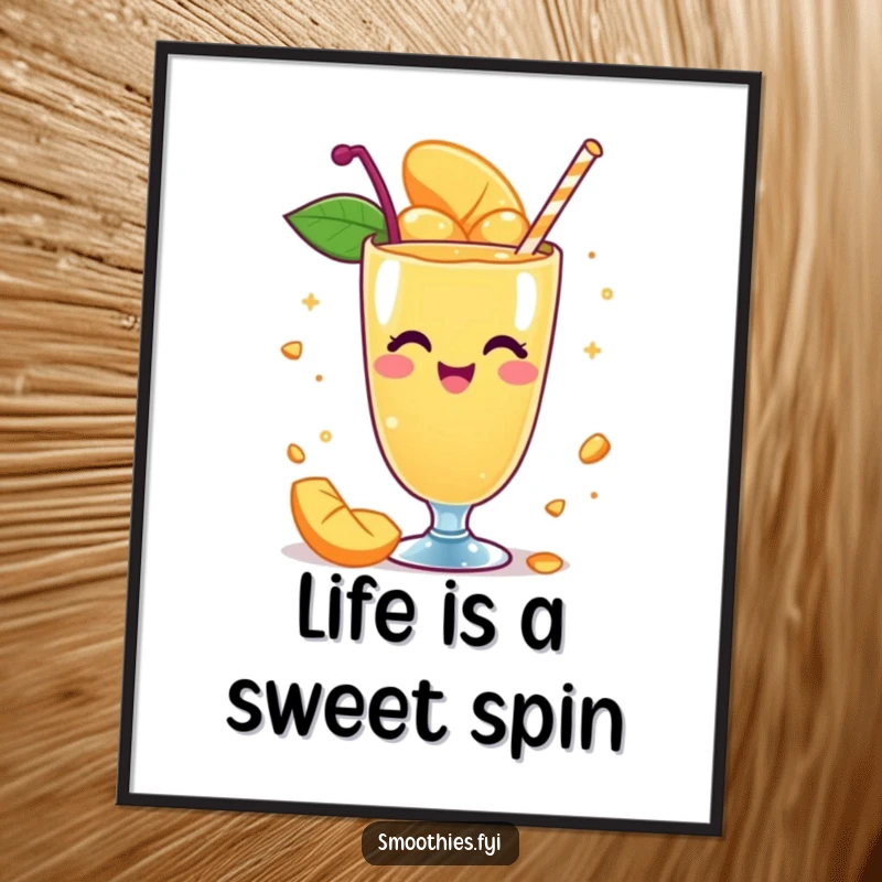 Funny Free Printable Wall Art: A whimsical mango smoothie character spins energetically with pure delight.
