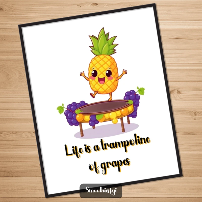 Funny Free Printable Wall Art: Giddy pineapple bouncing on a grape trampoline, radiating pure joy and energy.