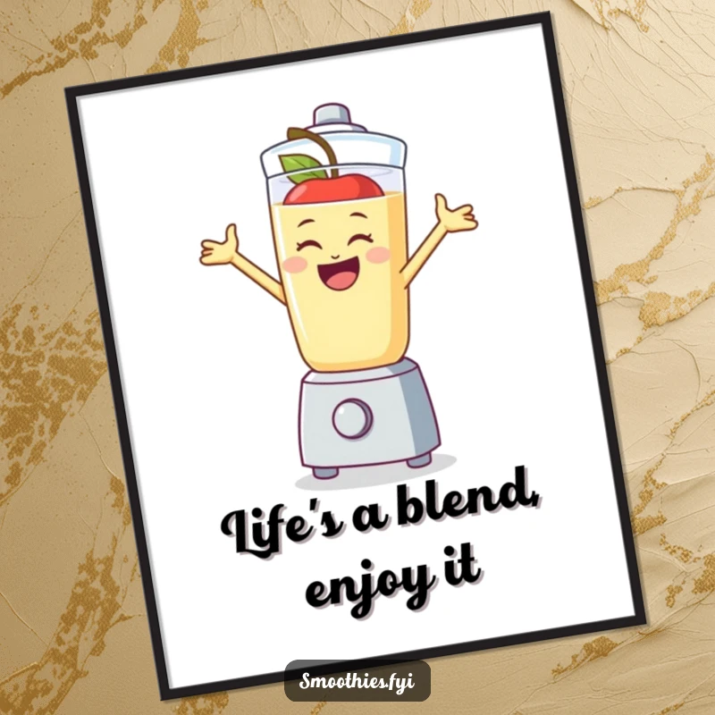 Funny Free Printable Wall Art depicting a laughing apple smoothie energetically jumping inside a blender, ready to splash fun.