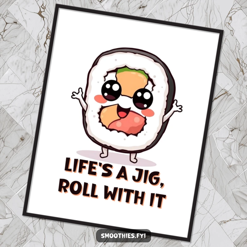 Funny Free Printable Wall Art of a sushi roll with googly eyes doing a silly jig, full of personality.