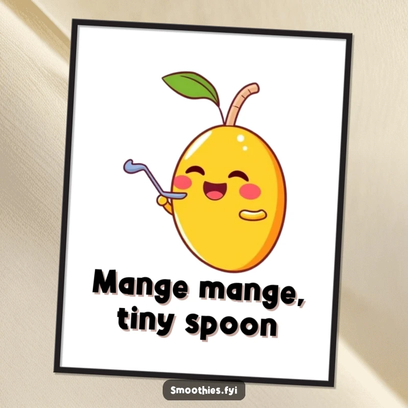 Funny Free Printable Wall Art: A laughing mango character meticulously shares a smoothie via tiny spoon.