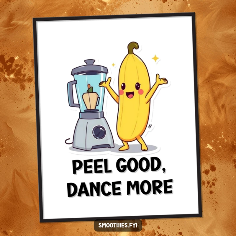 Funny Free Printable Wall Art: Cute banana in a dramatic disco pose, next to a blender, bringing retro vibes.