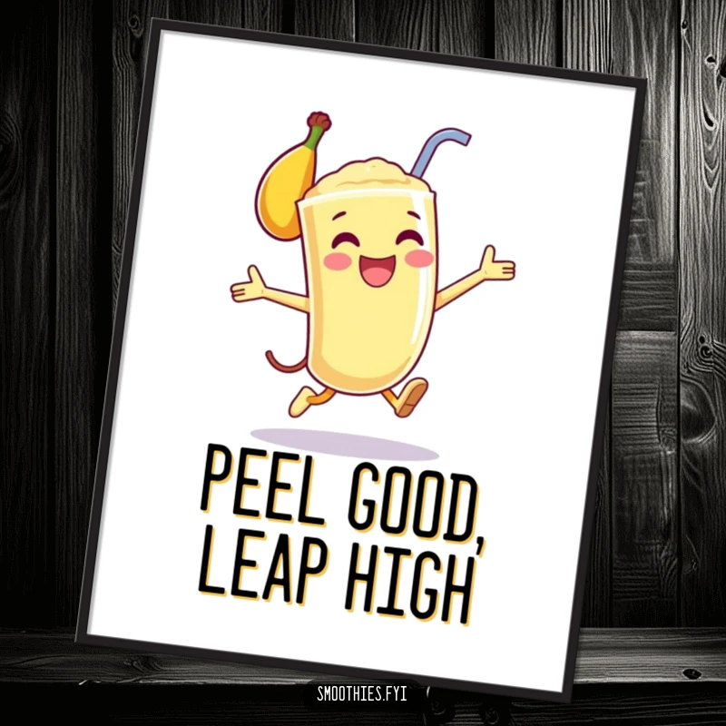 Funny Free Printable Wall Art: Happy anthropomorphic banana smoothie performing a joyful leap, bringing energy and fun.