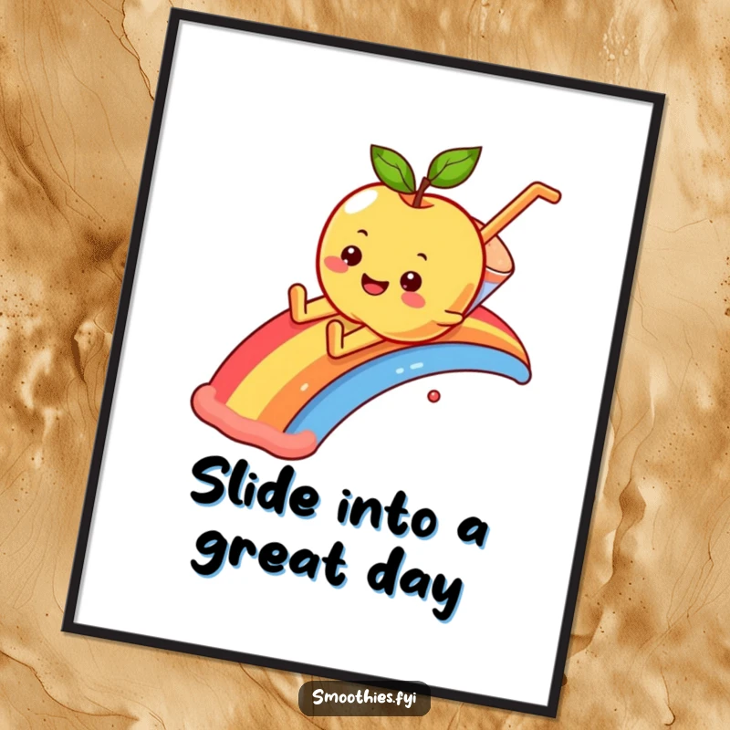 Funny Free Printable Wall Art: Smiling apple playfully sliding down a rainbow into a smoothie glass, colorful.