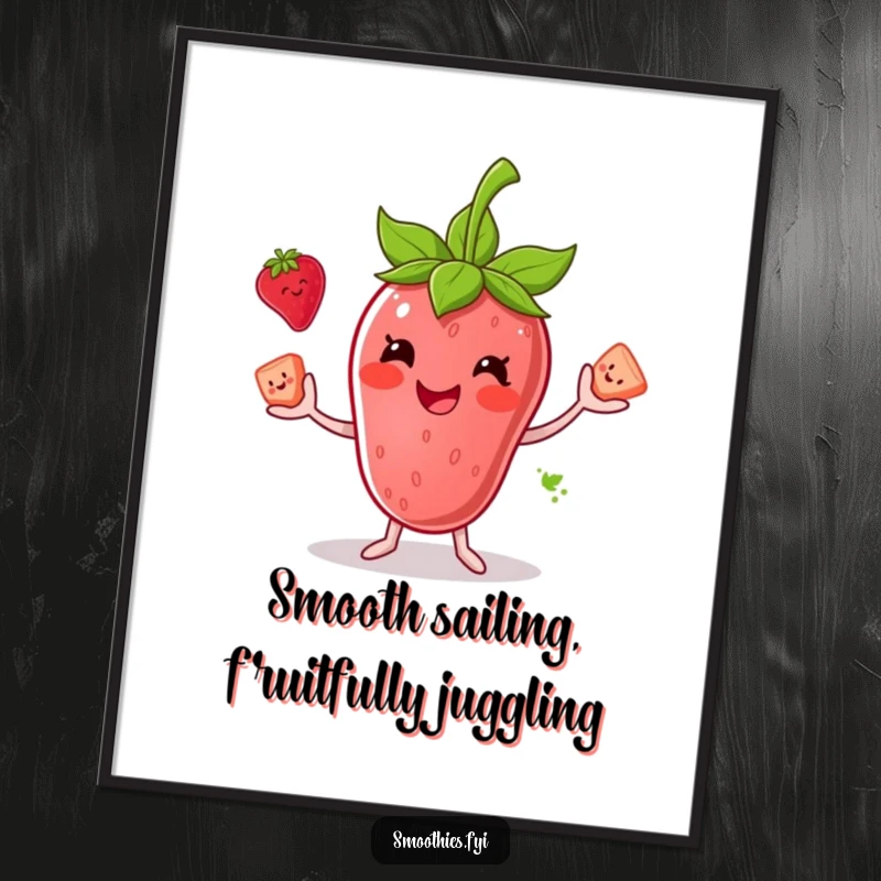 Funny Free Printable Wall Art: Smiling anthropomorphic strawberry smoothie juggling three smaller fruit chunks, adding a playful vibe.